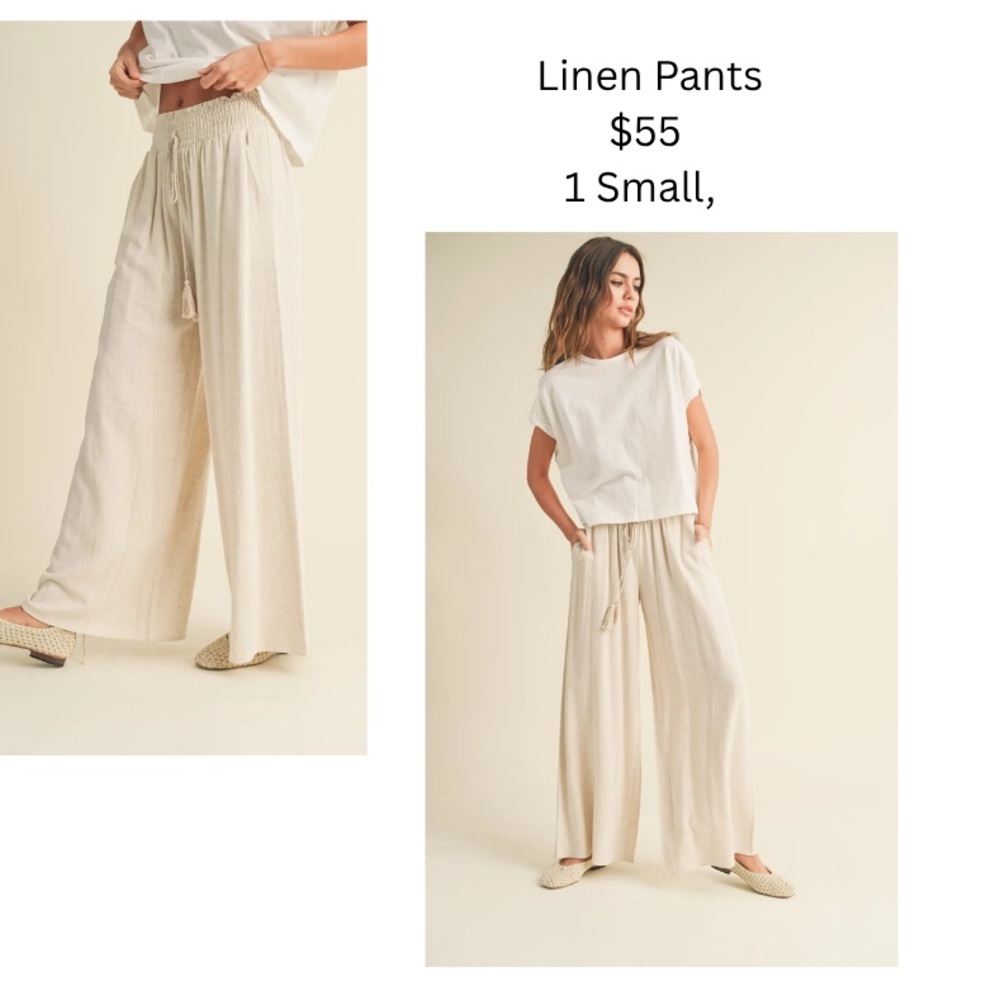Cream Wide Leg Linen Pants with High Waist